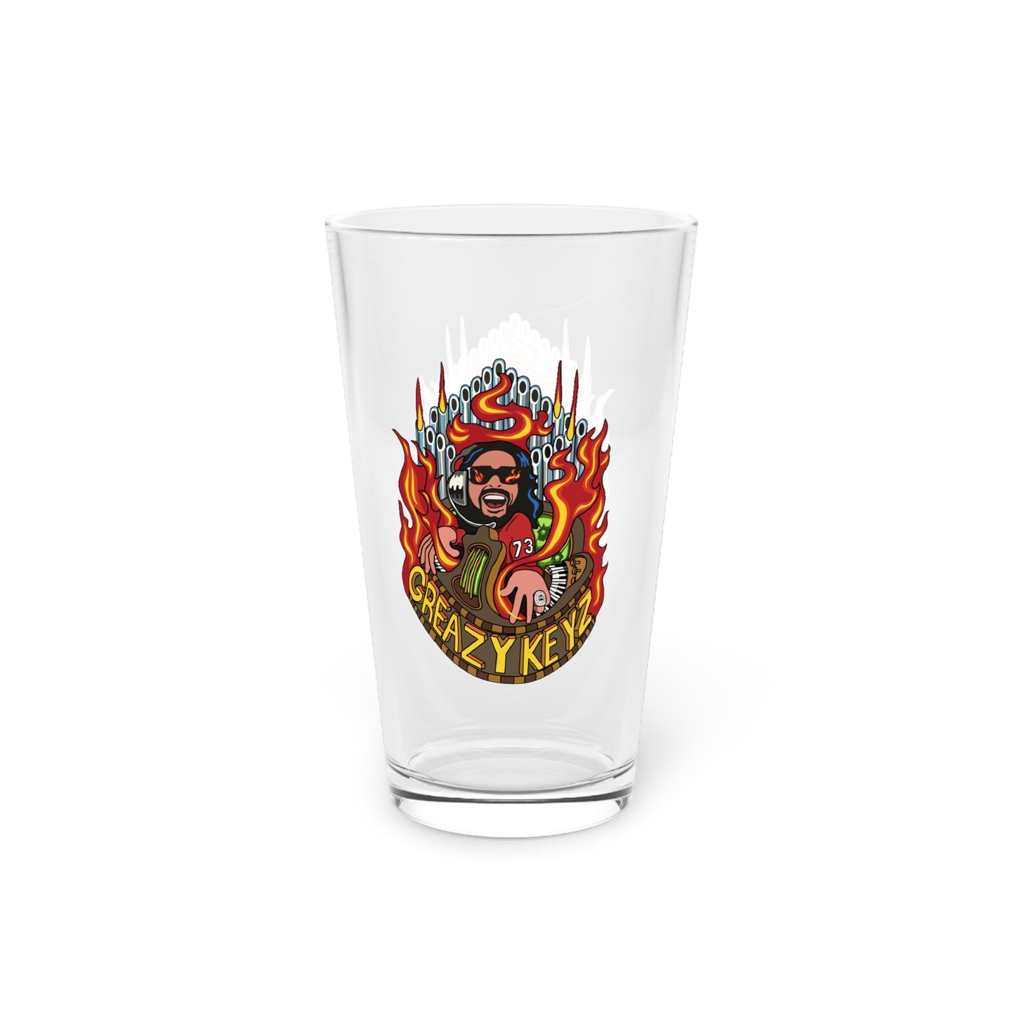 Greazy Keyz Buzz Gibson design Pint Glass, 16oz